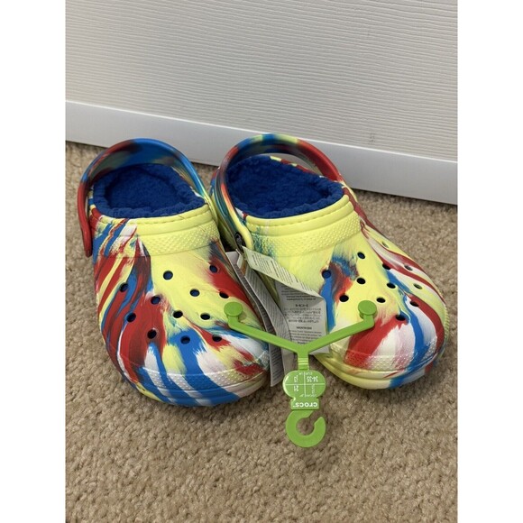 NWT Crocs Classic Lined Clog-Marbled Tie-Dye Kid’s Size J3 Yellow/blue Multi - Picture 1 of 7